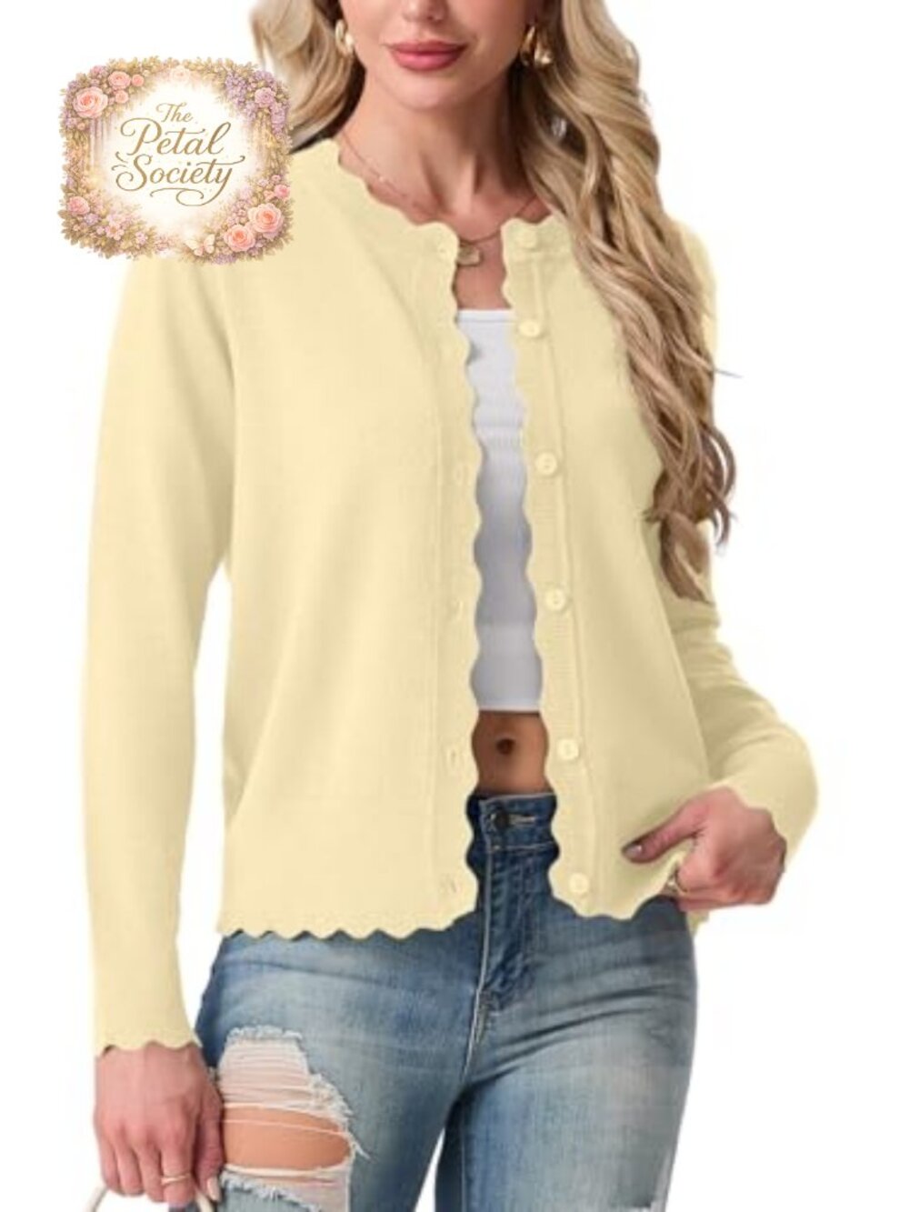 Knit Cardigan Sweater Lightweight Long Sleeve Button Scalloped Women